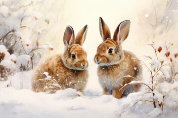 Two rabbits in the snow. Nostalgic illustration.