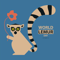 World Lemur Day on october 27, With concept a lemur holding a flower abstract vector illustration and text isolated on blue background for commemorate and celebrate World Lemur Day.
