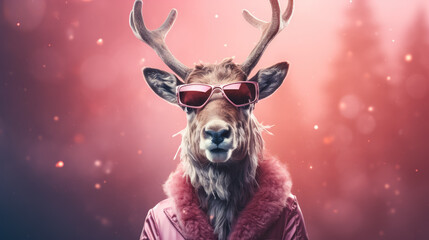 Portrait of a Christmas funny deer wearing pink sunglasses and a fur coat.