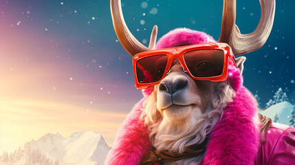 Portrait of a Christmas funny deer wearing pink sunglasses against snowy landscape. New Year holidays concept.