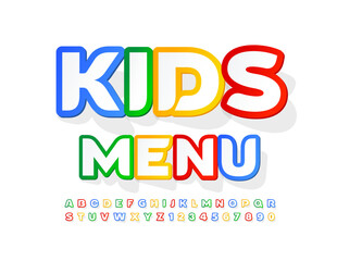 Vector stylish template Kids Menu. White and Colorful sticker Font. Creative Alphabet Letters and Numbers set