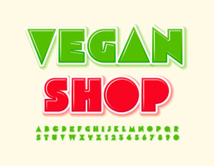 Vector bright poster Vegan Shop. Bright Green Font. Creative glossy Alphabet Letters, Numbers and Symbols set