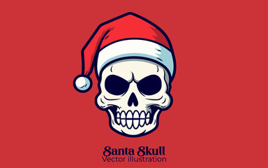 Santa Skull Vector, Cute Christmas Cartoon Character, Happy Winter Holiday