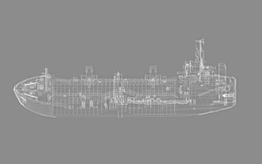 Dredger. Scheme. A technical fleet vessel designed for dredging and extraction of non-metallic construction materials. Hopper dredger. 3d-rendering