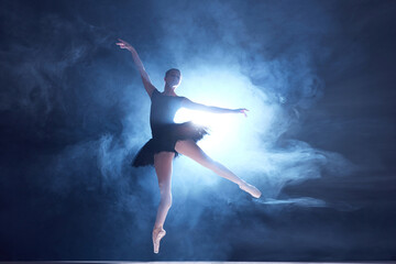 Artistic, talented young woman, professional ballerina making creative performance on sage with smoke effect. Concept of classical dance, art and grace, beauty, choreography, inspiration