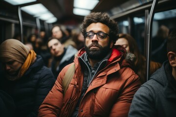 A bearded man with glasses using the public transport  in a multicultural city