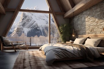 Resort Mountain Chalet Bedroom with Panoramic Snow-Covered Peak View, Rustic Wooden Architecture, and Contemporary Furniture with Ambient Lighting