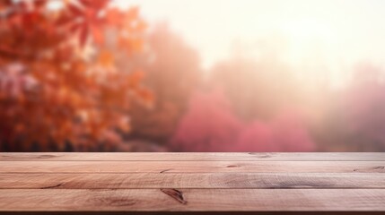 Naklejka na ściany i meble Empty Wooden surface for presentation with blurred autumn garden and flowers background, mockup, Space for presentation