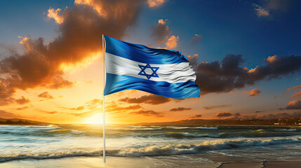Peaceful Sunrise over the Israel Flag - obrazy, fototapety, plakaty