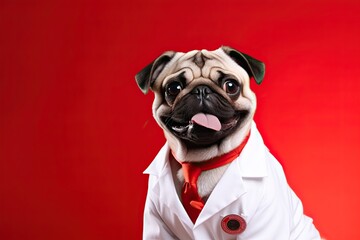Cute pug wearing doctor uniform. Purebred dog happiness. Generative AI