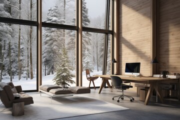 Vacation Getaway Contemporary Minimalist Winter Cabin Office Interior with Natural Wooden Walls, Sleek Furniture, and Expansive Glass Windows Revealing Snow-Covered Trees - obrazy, fototapety, plakaty