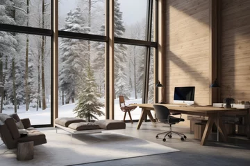 Fotobehang Vacation Getaway Contemporary Minimalist Winter Cabin Office Interior with Natural Wooden Walls, Sleek Furniture, and Expansive Glass Windows Revealing Snow-Covered Trees © Bryan