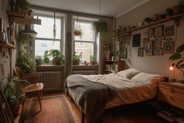 A cozy bedroom with a bed, chair, window, plants on the wall, and a radiator in the corner. Generative AI