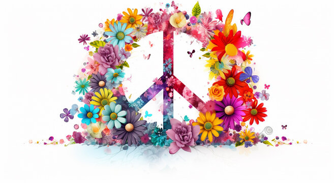 Um s&iacute;mbolo da paz todo enfeitado com flores super coloridas.