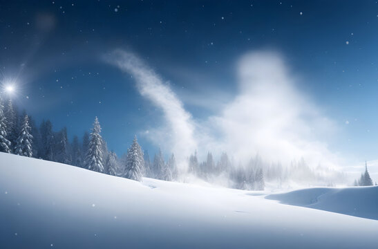 Winter pine forest with snow and sky and stars at night © cocorattanakorn