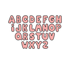 A hand-drawn cartoon English alphabet in pink isolated on a white background. The concept of education. Flat design. Vector illustration