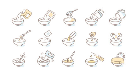 Preparation and cooking pastry dishes set. Basic baking supplies. Pour, add, mix ingredient for different recipes. Flat vector illustration isolated on white background. - obrazy, fototapety, plakaty