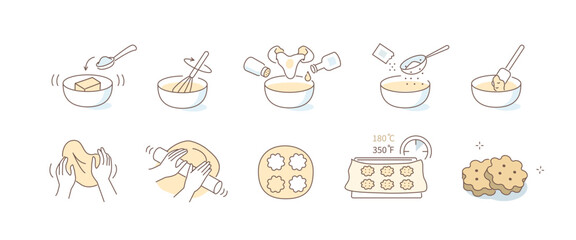 Baking cookies set. Basic butter cookie dough recipe. Pour, add, mix ingredient for holiday biscuits. Flat vector illustration isolated on white background.