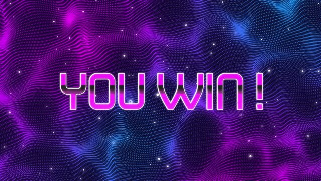 Animation of you win text in pink over pink and purple network and shooting stars in night sky