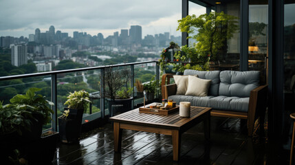 Elegantly Soaked: Minimalist Balcony Decor on a Rainy Day - Fictional Place, Generative AI