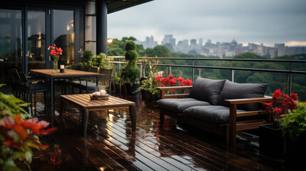 Fototapeta premium Rainy Day Aesthetics: Modern Balcony Minimalism - Fictional Place, Generative AI