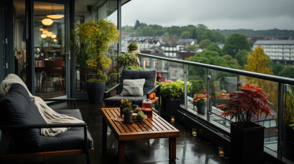 Fototapeta premium Sleek Rainy Aesthetic: Minimalist Balcony Bliss - Fictional Place, Generative AI