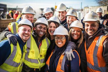 Group of male and female construction workers show unity at the construction site - obrazy, fototapety, plakaty