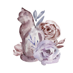 Watercolor cat with floral bouquet