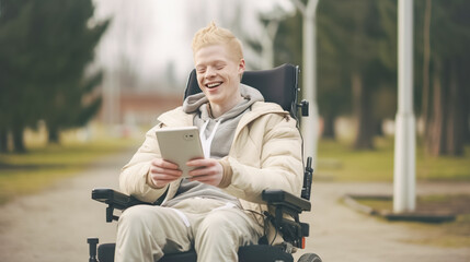 Modern albino guy, disabled, in a chair, typing a text message on a mobile phone, enjoying online communication - Powered by Adobe