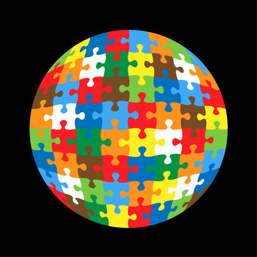 Colorful globe puzzle stock vector isolated on black background.