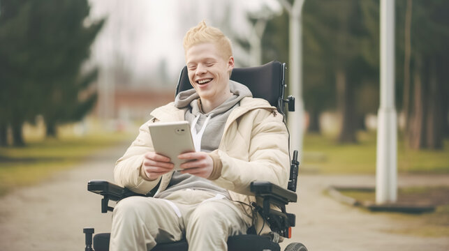 Modern albino guy, disabled, in a chair, typing a text message on a mobile phone, enjoying online communication