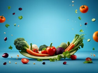 Colorful fresh vegetables On a blue background, Space for text