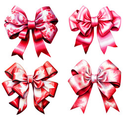 Christmas Red Ribbon Bow Tie Watercolor Clipart isolated on Transparent Background.
