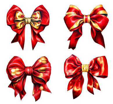 Christmas Red with Gold Accents Bow Tie Watercolor Clipart isolated on Transparent Background.
