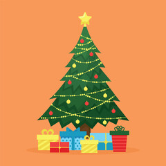 Christmas tree  decorated with star, balls, lights and gifts. Vector illustration isolated on white background.