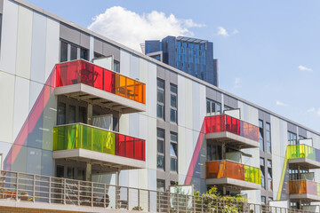 Modern apartments with colourful balconies in Stratford, London