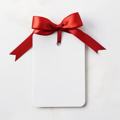 Blank white empty price tag, white note or gift card mock up with red gift ribbon bow on grey wall background with shadow, Merry Christmas and New Year decoration, Generative AI.