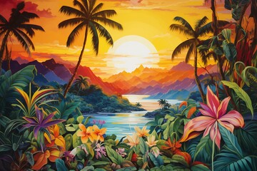 Fototapeta na wymiar An image depicting a vibrant combination of different tropical elements and scenery. Generative AI