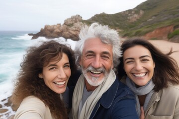 group of middle-aged friends laughing while hiking on the beach