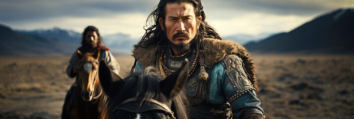 male warrior of Asian Kazakh in ancient historical armor with a horse in steppe of Asia - obrazy, fototapety, plakaty