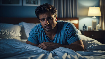 A young beautiful male with thick hair wearing a t-shirt having trouble sleeping in bed, with low light in the room.