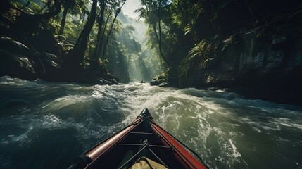 First-person view, a man canoes at high speed down a treacherous river in the jungle. Created with Generative Ai technology. - obrazy, fototapety, plakaty