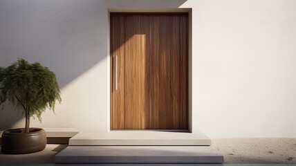 Clean entrance door by wooden with perfect matching white wall to make it homey. Generative AI Technology 