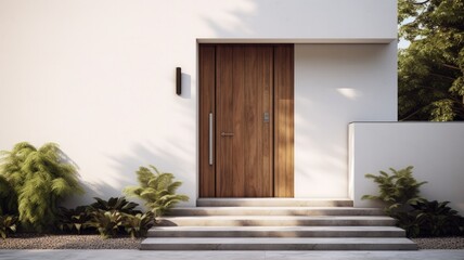 Clean entrance door by wooden with perfect matching white wall to make it homey. Generative AI Technology 