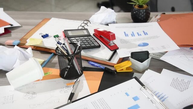 Messy and cluttered desk