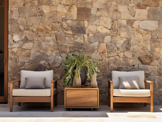 Two armchairs rest against a wall covered in stone pebble cladding, exemplifying a modern living room with a Mediterranean home interior design.