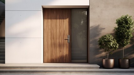 Fototapeta premium Clean entrance door by wooden with perfect matching white wall to make it homey. Generative AI Technology 