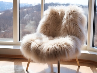 
A plush sheepskin chair rests on a shaggy rug by the window, exemplifying the minimalist interior design of a modern living room.