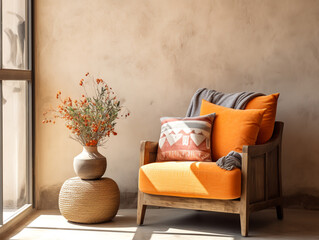 A retro orange fabric lounge chair is positioned by the window, adjacent to a beige stucco wall with available copy space, showcasing the vintage rustic farmhouse charm in this modern living room