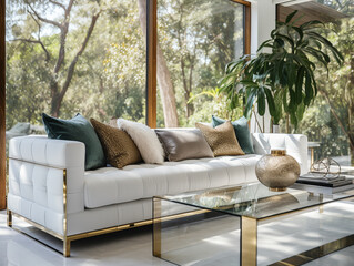 A white sofa is positioned in front of a floor-to-ceiling window, creating a Hollywood glam, mid-century style interior design in a forest villa's modern living room.